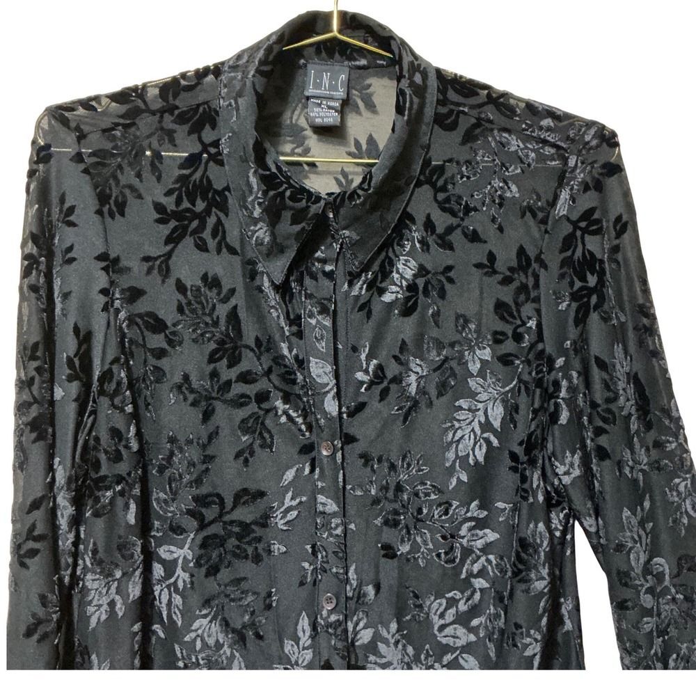 INC Burnout Velvet Sheer Blouse XL Dark Floral Button-Up Long Sleeves Gothic